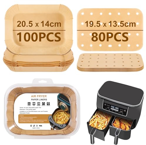 Backpapier für Heißluftfritteuse Rechteckig180 Stück,20.5x14cm Airfryer Backpapier für Ninja Food Dual Air Fryer,Kompatibel mit Ninja AF300EU AF400EU, Princess und anderen Dual Zone Air Fryer Zubehör