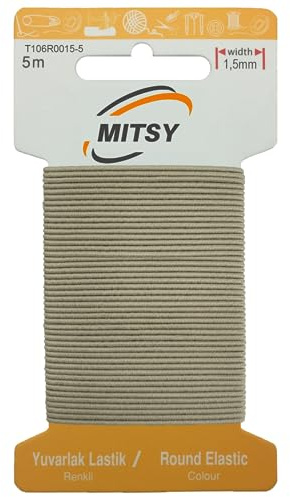 MITSY Cinta de goma redonda resistente al desgarro para coser, ancho de 1,5 mm, 5 m, color beige fuerte, goma redonda para pantalones, hogar, manualidades, tejidos para costura