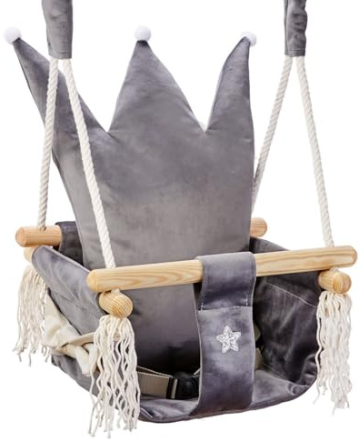 Love Gifts® Balançoire pour bébé en bois de qualité supérieure et adaptée comme balançoire intérieure, peut être montée au plafond et dans le cadre de la porte, grise, couronne grise, fabriquée en