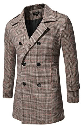 FGUUTYM Trench da uomo autunno e inverno Cappotto doppiopetto in lana a maniche lunghe con tasche a bavero scozzese a doppio Spolverino Pioggia (Coffee, M)