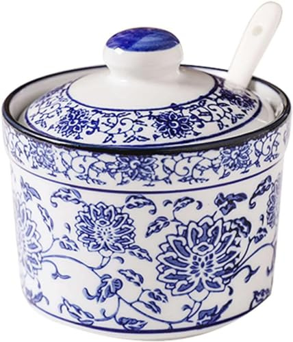 Sucrier en céramique, sucrier chinois en porcelaine bleue et blanche avec couvercle, sucrier en porcelaine avec cuillère, petit pot à sel, for bar à café, restaurant, bleu et blanc, simple ( Color : B