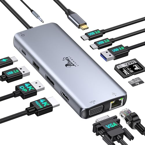 USB C Docking Station 3 monitores Dockingstation USB C 4K DisplayPort, 4K HDMI, VGA, USB C/A Data, RJ45, PD 3.0, Audio/Mic, SD&Micro SD Kartenleser USB C Hub Kompatibel mit HP DELL