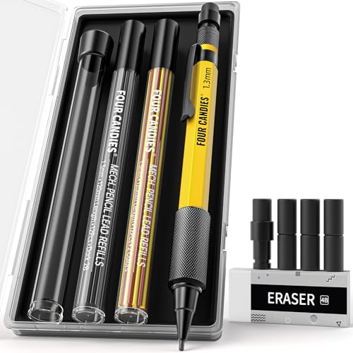 Four Candies Druckbleistift Set mit Etui, 1,3 mm, Metall, strapazierfähig, für den Außenbereich, Tischlerbleistift mit 24 Nachfüllminen (Rot, Schwarz, Gelb), Radiergummi, 6 Radiergummi-Nachfüllungen