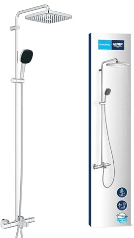 GROHE Vitalio 250, Duschsystem mit Badewannenarmatur, wassersparend 8l pro Min (Regendusche mit Wannenthermostat, schwenkbare Kopfbrause, Sicherheitssperre bei 38°C), eckig, chrom, 26984001