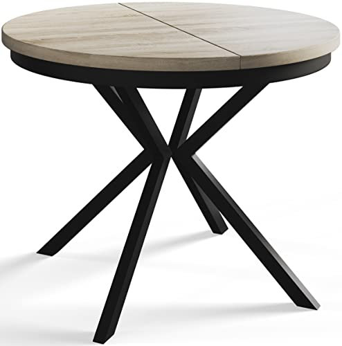 AlpiMeble Runder Esszimmertisch BERGO, ausziehbarer Tisch Durchmesser: 100 cm/180 cm, Wohnzimmertisch Farbe: Beige, mit Metallbeinen in Farbe Schwarz