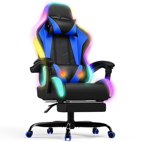 Devoko Silla Gaming con Masajeador y LED, Silla de Oficina Ergonómica con Reposapiés, Sillas Gaming para Oficina y Juegos con Iluminación RGB（Azul）