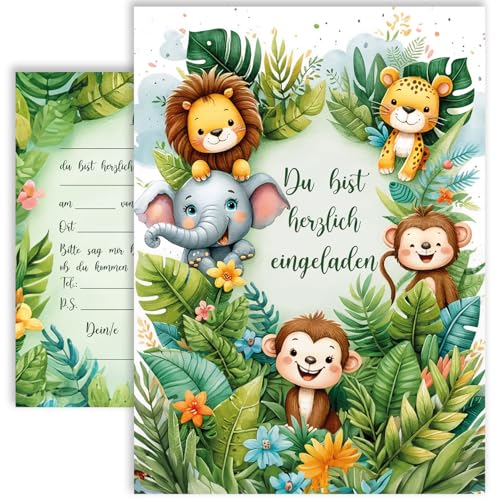 10x Kinder Einladungskarten Kindergeburtstag Dschungel Löwe Affe Elefant & Tiger Mädchen Jungen 10x15 cm Party Geburtstag Taufe Einladung Prinz Dschungelparty Tiere Grün Beige