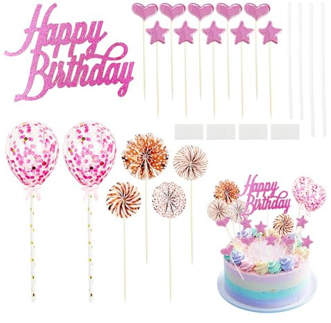 17 insertos para tartas de color rosa, decoraciones para tartas de cumpleaños, globos de confeti de cumpleaños, inserciones de pastel de amor, decoraciones de tartas de estrella, decoraciones de