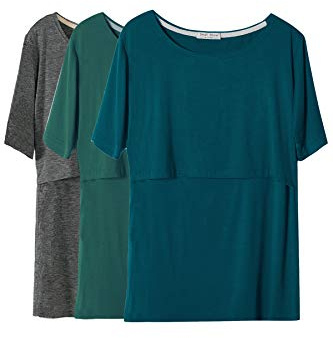 Smallshow kvinnors sjuksköterska toppar kortärmade skikt design amning skjortor,Deep Green-Deep Grey-Teal,XL