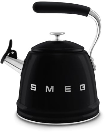 SMEG Stovetop Whistling Kettle – 50s Retro Style, 2.3 Liter (10 Cup / 2.4 Quart) Stainless Steel Tea Kettle with Iconic Design & Whistle – Premium Kitchen Statement Piece-Black