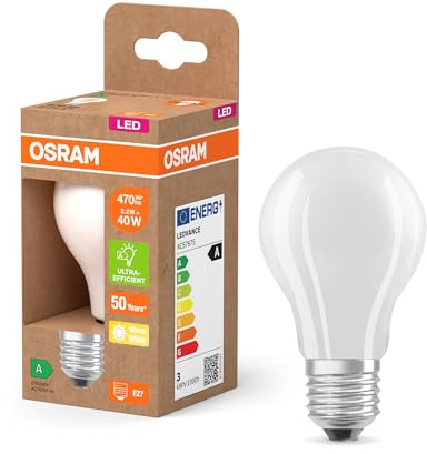 OSRAM LED Superstar Classic LED-Lampe A 40 in klassischer Kolbenform aus gefrostetem Glas, 2.2 W, 470 lm, E27 Fassung, 2700 K für warmweißes Licht, EEK A, 60 mm Durchmesser.
