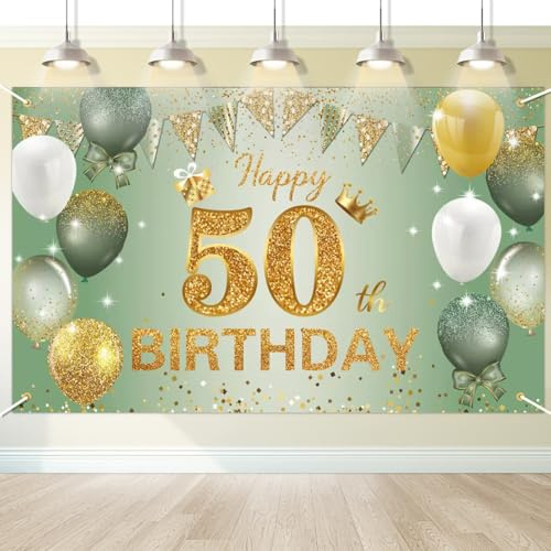 Moorle Dekoration zum 50. Geburtstag, groß, für Damen und Herren, glänzend, 180 x 110 cm, Salbeigrün / goldfarben