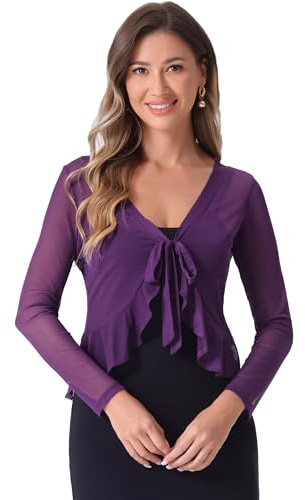 Allegra K Boléro Transparent Femme en Mousseline de Soie Gilet Court en Voile à Volants à Nouer Devant Manches Longues Cardigan Léger Mauve XL