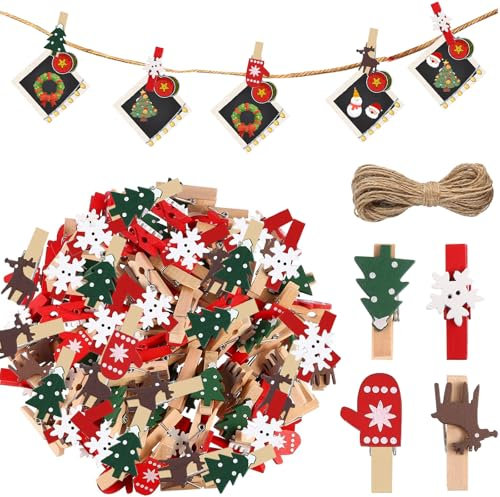 Mini Natale Clips, 100 Pezzi Clip Legno Natale, Natale Foto Legno Clips, Decorazione Clips Mini Natale, Mini Foto Clips Natale, Mollette Legno di Natale e Corda di Canapa di 10m