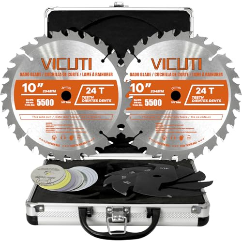 Vicuti 10'' Stacking Dado Blade Set, Dado Blades for 10 Inch Table Saw 24-Tooth, Fine Finished Dados, Grooves, and Rabbets, 5/8-Inch Arbor, Grooves from 1/4 to 13/16 Inch, 23 Pieces