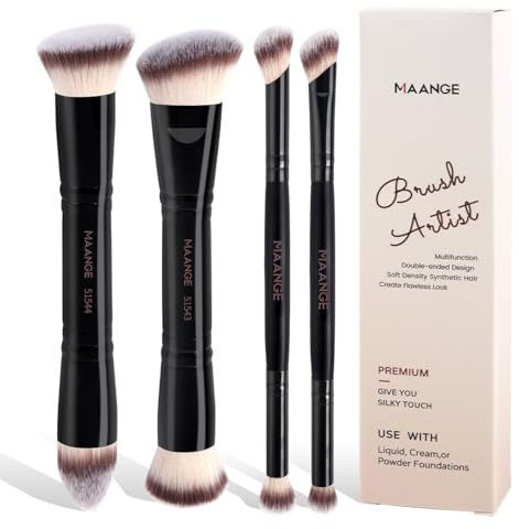 4-teiliges Doppelkopf-Makeup-Pinsel Set - Foundation & abgewinkelter Concealer Pinsel für makellose Basis, Creme- & Flüssigprodukte, professionelle Kosmetikpinsel für perfektes Verblenden
