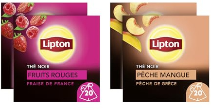 Lipton, Thé Noir, Pack de 4 Boites de thé, x2 Pêche et Mangue + x2 Fraise de France, 2x40 sachets, 80 Sachets