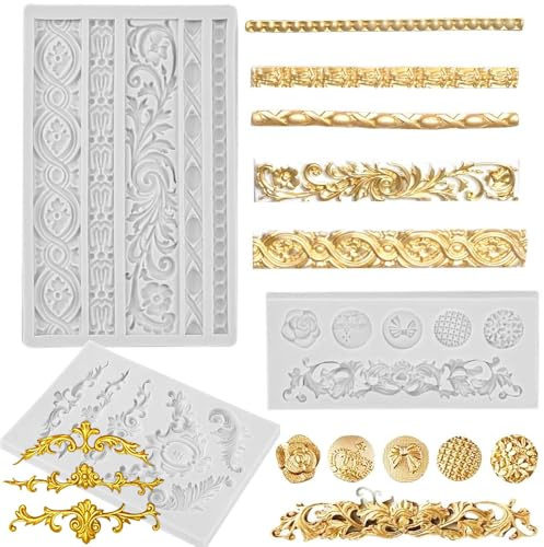 3D Baroque Sculpted Cake Mould, 3PCS Fondant Silicone Mold | Scroll Border Embossed Lace Molds Retro Relief Fondant Mould with Blue Drip Irrigation for Sugarcraft Clay Gum Icing Candy