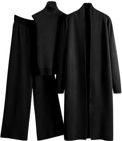 Hosenanzug Damen 3 Teiler mit Weste Strickanzug Damen Set 3 Teilig Anzug Damen Elegant Festlich Hochzeit Hausanzug Kuschelig Einfarbig Zuhause Strick Outfit Inkl. Hose, Longstrickjacke & Weste