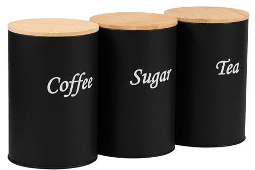 NIHUIFDPY 3Pcs Tea Coffee Sugar Canister Set, Stackable Airtight Kitchen Tins, Iron Food Caddy Containers with Bamboo Lid for Your Favorite Tea, Sugar, and Coffee,14.2x9.5cm(black)