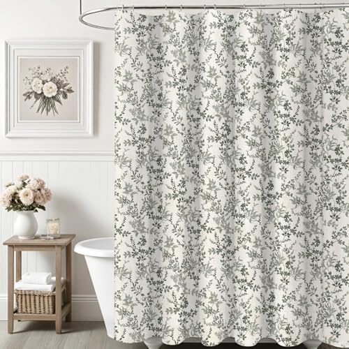 Ksriylm Duschvorhang aus Dichte Blüten aus Polyester-Leinen,Wunderschöne Blumen Stil Dekorieren Vorhang Duschvorhänge,180x180cm Schickes Stoff Tuch Blumenblätter Duschvorhang mit 12 Ringe,Schwarz
