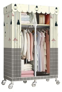 Kleiderständer auf Rollen Stabil mit Fächer Starke Tragfähigkeit Kleiderschrank Stoff mit Kleiderstange für Wohnheime und Wohnungen(Beige,85x45x170cm)