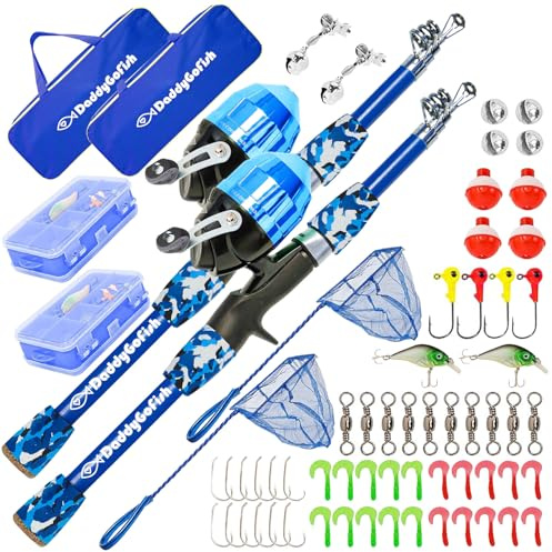 Daddygofish Kids Canna Da Pesca - Canna E Mulinello Combo Tackle Box Set - Kit Di Attrezzatura Piccola Per Il Primo Anno Per Ragazzi, Ragazze, Bambini E Ragazzi (Essential Set, Blu + Blu, 4ft)