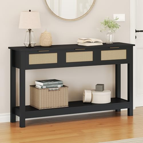 Luoxiao Konsolentisch Schmal Holz Rattan Flurtisch mit 3 Schubladen Eingangstisch mit offene Ablage Schmaler Sofatisch für Wohnzimmer Boho Console Table für Flur Foyer Eingang 120 x 30 x 80 cm Schwarz