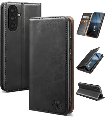 SUANDUCK for Samsung Galaxy A56 phone case magnetic leather flip case with RFID-blocking card compartment, adjustable stand and 360° drop protection with Samsung A56 Black
