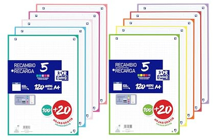 Oxford - A4 karierte Blätter, 2 Stück, 200 + 40 Blatt, kariert, 5 x 5, Streifen in 5 Pastellfarben und 5 lebhaften Farben