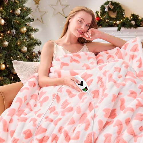 RUJIPO ETL Heizdecke mit Kuhdruck, volle Größe, 183 x 213 cm, rosa Heizdecke mit 10 Heizstufen und 8 Stunden automatischer Abschaltung, niedliche Kuh-Fleece-Sherpa-Decken, wärmer, Geschenke für Damen