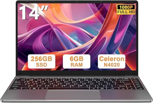 2026 Ordenador Portátil 14 Pulgadas Win 11 con 5G WiFi 6GB RAM 256GB SSD Expansión SSD 1TB（Up to 2.8Ghz）,BT4.2 3.0 Transmisión Puerto 1080 Portátiles FHD Buenos & Mini Puerto Multimedia con ratón-Gris