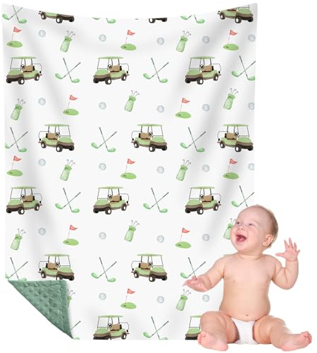 CroBlissful 30 x 40 Inch Golf Baby Blanket for Boys Girls Double Layer with Dotted Backing Soft Golf Stuff Blanket Toddler Newborn Gift Set