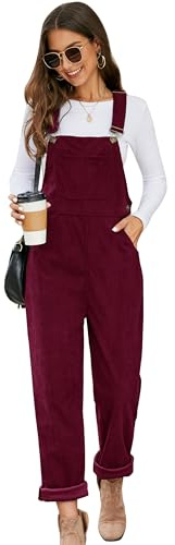 Flygo Corduroy Overalls for Women Loose Fit Adjustable Straps Long Bib Pants Wide Leg Jumpsuits with Pockets, Burgundy, Medium