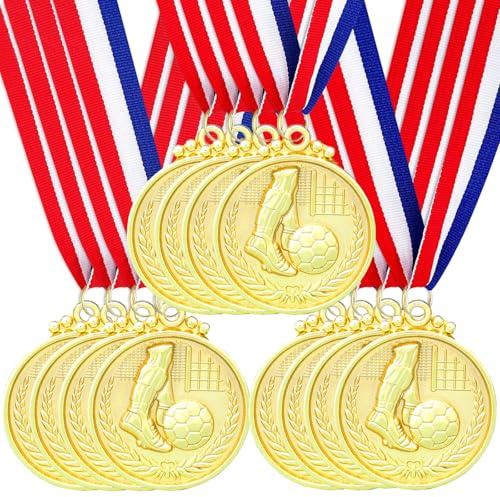 Santme 12 Pièces Médaille de Récompense, Médaille de Football Médaille d'or avec Rubans de Cou pour pour Les Compétitions, Le Sport,Style Olympique Diamètre env. 5,0 cm