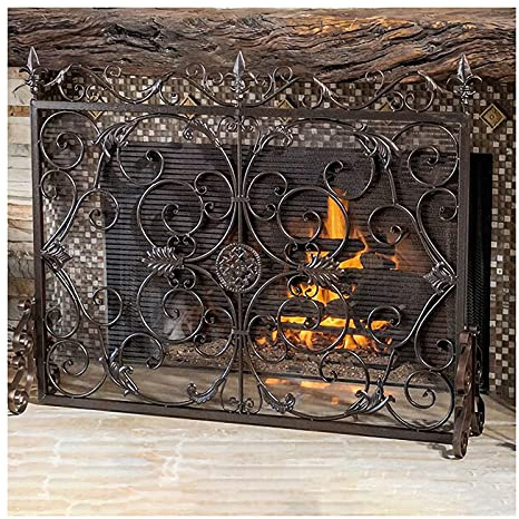 AISNXOQI Fire Guard 41.3x33.8in Single Panel Handcrafted Wrought Iron Mesh Fireplace Screen, Fire Spark Guard for Living Room, Bedroom Décor with Dense Grid Design, Brown