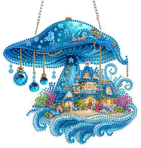 AIRDEA DIY Mushroom House Ocean Diamond Art Ornament Kit for Adults, Double-Sided Underwater Fantasy Diamond Painting Hanging Kit, DIY Acrylic Special Shaped Drills Hanging Suncatcher