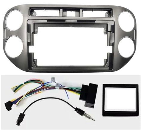 Fascia du Panneau Radio pour VW pour Tiguan 2011-2015 9 Pouces Automobile Cadre Fascia Adaptateur Boîte Canbus Décodeur Radio Tableau Bord Montage Panneau Kit(Gray Cable Canbus)