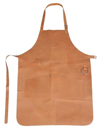 DEMHAAS Echtleder Schürze für Männer, Handgefertigt, mit Taschen, Verstellbar, für BBQ, Grill, Küche, Kochen, Werkstatt, Handwerk
