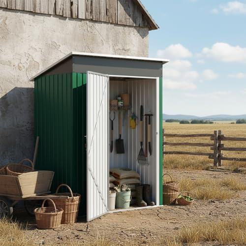 LZQ Gerätehaus Metall Gartenhaus Geräteschuppen wetterfest abschließbar, Stahl Gartenschuppen mit Pultdach, Werkzeugschuppen inkl Arbeitshandschuhe für Garten, Hof & Lager, Grün 138 x 75 x 185 cm