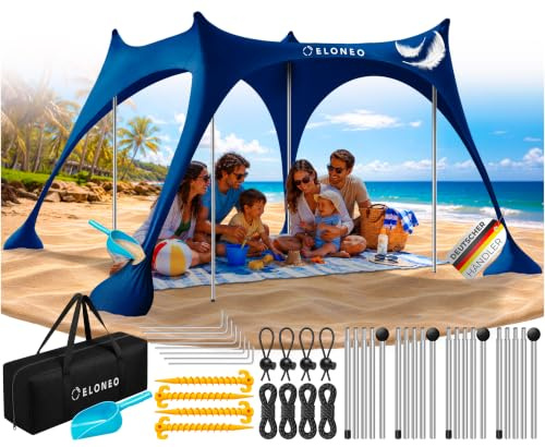 ELONEO Strandzelt, Sonnensegel Strand 300x300x200 cm, LSF 50+, Sonnenschutz für Strand mit Sandschaufel, Heringen und Stabilitätsstangen, Navy