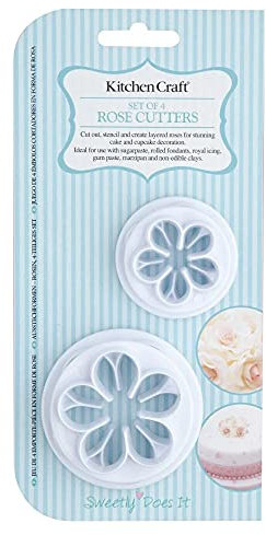 KitchenCraft Sweetly Does It Fondant Ausstecher für die Tortendekoration / Zuckerhandwerk, Rose, Kunststoff, Weiß, 4 Stück Glasur Ausstecher Set
