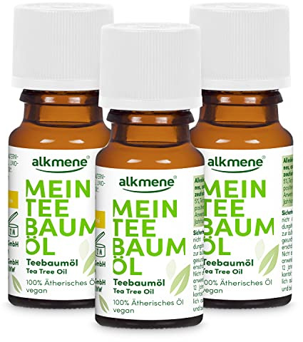 alkmene Teebaumöl gegen Pickel, 3er Pack (3 x 10 ml) - vegan, ohne Silikone, Mineralöle