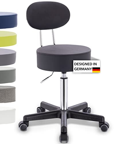 1stuff Rollhocker Squash 35 BACKLIKE mit Rücken-Lehne - ca. 51-71 cm Sitzhöhe - kompakter Bürohocker - Praxis-Hocker - bodenschonende PU-Rollen - Drehhocker - Therapiehocker - Sitzhocker Schwarz