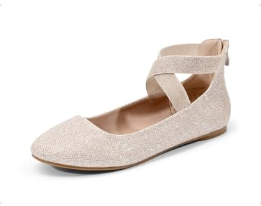 DREAM PAIRS Womens Ballerina Flat Fashion Elastic Ankle Straps Cross Strap Round Toe Comfy Ballet Pumps Dolly Shoes,Size 6,Gold/Glitter,Sole_Stretchy