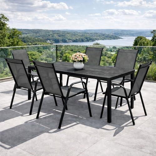 Mojawo Hochwertige Gartengarnitur 7-teilig Gartentisch 150x90cm Anthrazit Grau + 6 Stapelstühle Schwarz Textilen Anthrazit Gartenmöbel