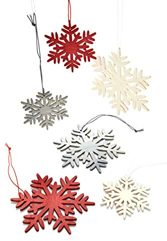 HEITMANN DECO Weihnachtsdeko aus Holz - Schneeflocken zum Aufhängen - Weihnachtsdekoration - 24-TLG. Rot, Grau, Natur