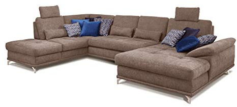Cavadore Wohnlandschaft Castiel mit Federkern / Großes U-Form-Sofa mit Schlaffunktion, Sitztiefenverstellung und Kopfstützen / 368 x 114 x 232 / Webstoff, Hellbraun