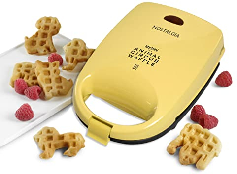 Nostalgia MyMini Personal Electric Animal Circus Waffle Maker, Waffle Iron makes Cat, Dog, Elephant, Lion, Yellow