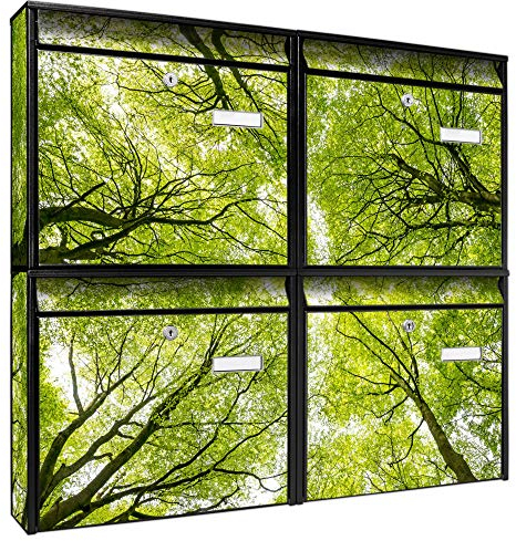 banjado Briefkastenanlage 4 Fach - Postkästen groß - verzinkter Stahl schwarz DIN A4 Motiv Zwischen Bäumen - Briefkasten Set 4 Briefkästen Namensschild, 2 Schlüssel, Montagematerial